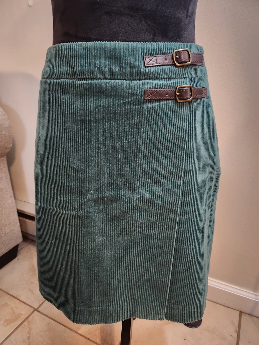 Boden Teal Corduroy Wrap Midi Skirt with Buckle Detail